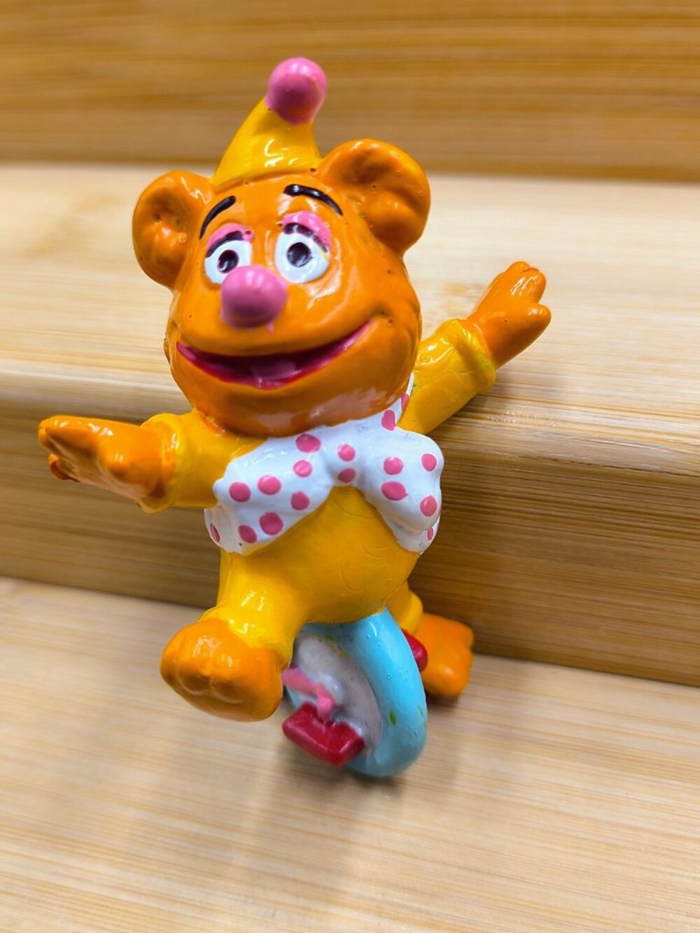 Vintage 1988 Muppets Babies Fozzie Bear Pvc Figure on Unicycle Party Hat 2.5"